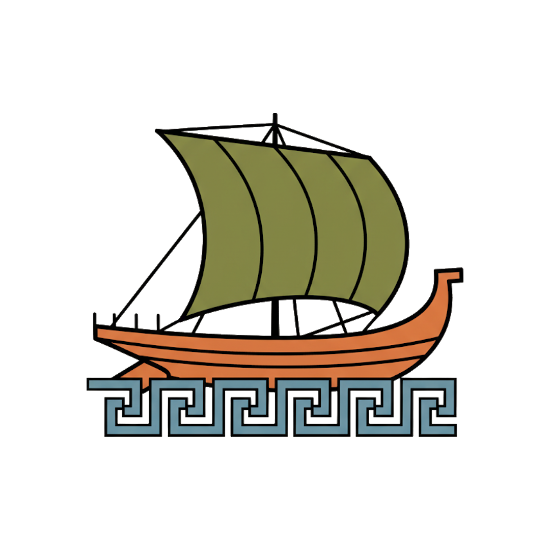 An ancient Greek sailing ship over a Greek-key sea